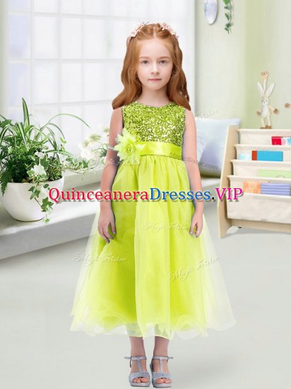 Affordable Yellow Green Empire Scoop Sleeveless Organza Tea Length Zipper Sequins and Hand Made Flower Little Girls Pageant Gowns - Click Image to Close