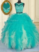 Pretty Scoop Turquoise Sleeveless Floor Length Beading and Ruffles Zipper Ball Gown Prom Dress