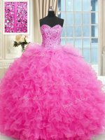 Elegant Hot Pink Ball Gowns Beading and Ruffles Quinceanera Gown Lace Up Tulle Sleeveless Floor Length