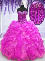 Excellent Fuchsia Lace Up Sweetheart Beading and Ruffles Sweet 16 Dress Organza Sleeveless