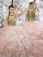 Organza Scoop Sleeveless Zipper Beading and Ruffles Military Ball Dresses in Peach