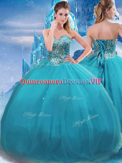Wonderful Sleeveless Floor Length Appliques Lace Up Sweet 16 Dresses with Teal - Click Image to Close