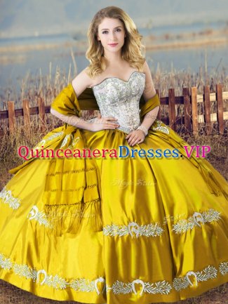Deluxe Gold Ball Gowns Satin Sweetheart Sleeveless Beading and Embroidery Floor Length Lace Up Sweet 16 Dress