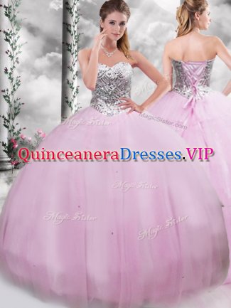 Exceptional Lilac Ball Gowns Tulle Sweetheart Sleeveless Beading Lace Up Quinceanera Gowns Brush Train