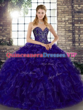 Stunning Floor Length Lace Up Quince Ball Gowns Purple for Military Ball and Sweet 16 and Quinceanera with Beading and Ruffles