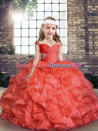 Coral Red Organza Lace Up Pageant Dress Toddler Sleeveless Floor Length Beading and Ruching - Click Image to Close