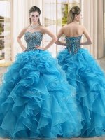 Fashionable Baby Blue Ball Gowns Sweetheart Sleeveless Organza Floor Length Lace Up Beading and Ruffles Vestidos de Quinceanera