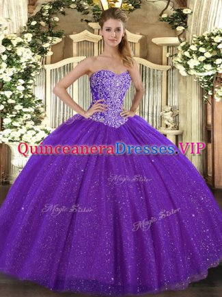 Stunning Floor Length Lace Up Quince Ball Gowns Purple for Military Ball and Sweet 16 and Quinceanera with Beading