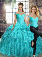 Deluxe Off The Shoulder Sleeveless Organza Sweet 16 Quinceanera Dress Beading and Ruffles Brush Train Lace Up