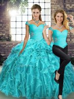 Deluxe Off The Shoulder Sleeveless Organza Sweet 16 Quinceanera Dress Beading and Ruffles Brush Train Lace Up(SKU YSQD091CX002BIZ)