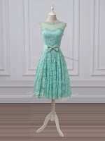 Apple Green Empire Lace Scoop Sleeveless Lace and Bowknot Knee Length Lace Up Quinceanera Court Dresses