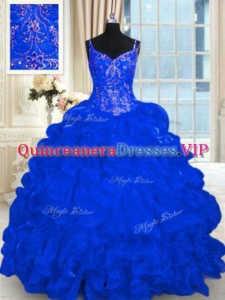 Spectacular Royal Blue Ball Gowns Beading and Embroidery and Ruffles and Pick Ups Vestidos de Quinceanera Lace Up Organza Sleeveless