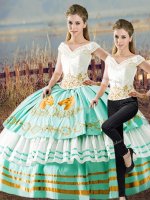 Glittering Apple Green Satin and Organza Lace Up V-neck Sleeveless Floor Length 15th Birthday Dress Embroidery and Ruffled Layers(SKU XBQD164TZBIZ)