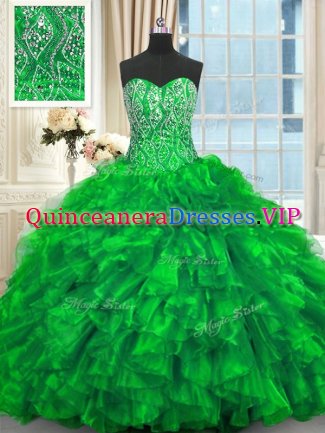 High Quality Green Lace Up Quince Ball Gowns Beading and Ruffles Sleeveless Brush Train