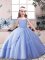 Off The Shoulder Sleeveless Little Girl Pageant Dress Floor Length Beading Blue Tulle