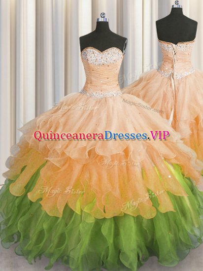 Sleeveless Lace Up Floor Length Beading and Ruffles and Ruffled Layers and Sequins Custom Made - Click Image to Close