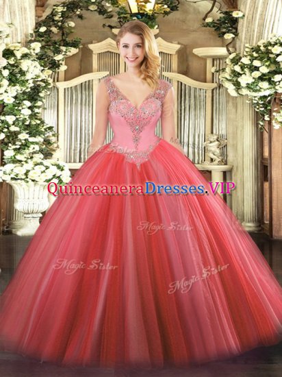 Latest Coral Red Tulle Lace Up Quinceanera Dresses Sleeveless Floor Length Beading - Click Image to Close