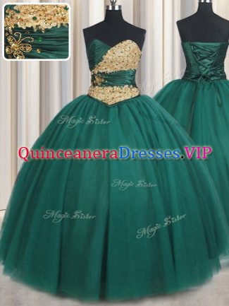 Sweetheart Sleeveless Sweet 16 Dresses Floor Length Beading and Appliques Peacock Green Tulle