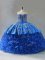 Ball Gowns Ball Gown Prom Dress Royal Blue Sweetheart Fabric With Rolling Flowers Sleeveless Lace Up