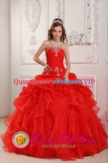 Custom Made Strapless Red Appliques and Ruched Bodice Ruffles Organza Quinceanera Dress In Boksburg South Africa - Click Image to Close