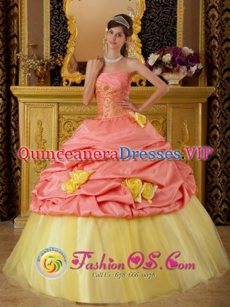 Colorful Hand Made Flowers and Pick-ups For Watermelon and Yellow Strapless Quinceanera Dress With Taffeta and Tulle Appliques IN Rotherham Yorkshire