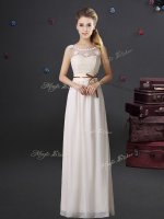 Cheap See Through Chiffon Scoop Sleeveless Lace Up Lace and Appliques and Belt Quinceanera Dama Dress in White