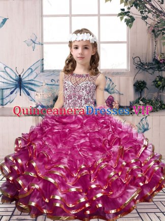 Fuchsia Organza Lace Up Kids Formal Wear Sleeveless Floor Length Beading and Ruffles