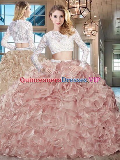 Clearance Scoop Pink Long Sleeves Brush Train Beading and Lace and Ruffles Sweet 16 Dresses - Click Image to Close