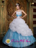 A-line Lovely Organza White and Baby Blue For Quinceanera Dress Halter Beading and Pick-ups In Troutdale Oregon/OR