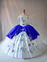 Blue And White Organza Lace Up Ball Gown Prom Dress Sleeveless Floor Length Embroidery and Ruffles