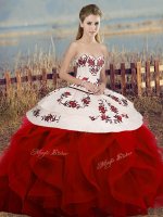 High Class Sweetheart Sleeveless Tulle Quinceanera Gowns Embroidery and Ruffles and Bowknot Lace Up