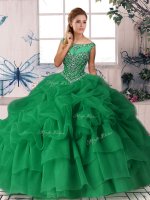 Free and Easy Brush Train Ball Gowns Quinceanera Dress Green Scoop Organza Sleeveless Zipper