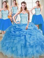 Four Piece Pick Ups Floor Length Blue Vestidos de Quinceanera Sweetheart Sleeveless Lace Up