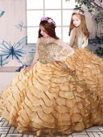 Best Gold Lace Up Straps Beading and Ruffled Layers Pageant Dress Toddler Organza Sleeveless Court Train