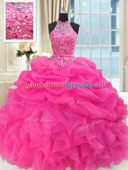 See Through Beaded Bodice Hot Pink Lace Up High-neck Beading and Ruffles and Pick Ups Sweet 16 Dress Organza Sleeveless - Click Image to Close