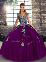 Custom Fit Purple Ball Gowns Straps Sleeveless Tulle Floor Length Lace Up Beading and Appliques Quinceanera Gowns(SKU SJQDDT2130002-2BIZ)