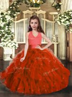 Sleeveless Organza Floor Length Lace Up Little Girls Pageant Gowns in Rust Red with Ruffles(SKU PAG1121-1BIZ)