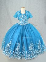 Classical Baby Blue Spaghetti Straps Lace Up Beading and Embroidery Girls Pageant Dresses Sleeveless