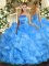 Flirting Floor Length Lace Up 15th Birthday Dress Baby Blue for Military Ball and Sweet 16 and Quinceanera with Ruffles