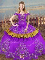 New Style Floor Length Purple Sweet 16 Dress Off The Shoulder Sleeveless Lace Up
