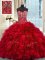 Red Sleeveless Organza Brush Train Lace Up 15 Quinceanera Dress for Military Ball and Sweet 16 and Quinceanera