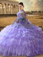 Modest Tulle Long Sleeves Floor Length Quince Ball Gowns and Beading and Embroidery and Ruffled Layers