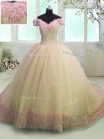 Custom Made Yellow Lace Up Off The Shoulder Hand Made Flower 15th Birthday Dress Organza Short Sleeves Court Train