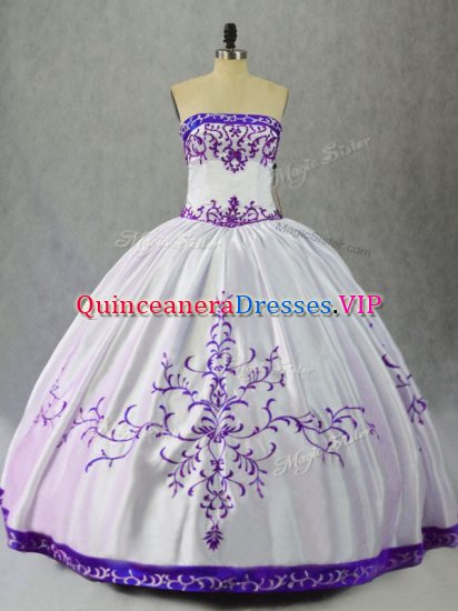 White And Purple Satin Lace Up Scoop Sleeveless Floor Length Quinceanera Dress Embroidery - Click Image to Close