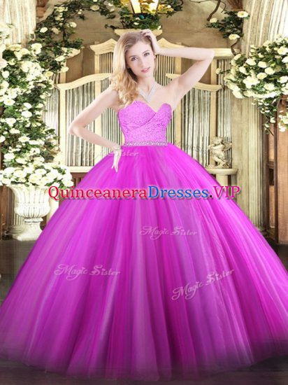 Fancy Fuchsia Ball Gowns Beading and Lace Quince Ball Gowns Zipper Tulle Sleeveless Floor Length - Click Image to Close