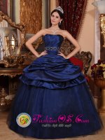 Dallas TX Custom Made Navy Blue Beading and Ruch Quinceanera Dress With Strapless Tulle and Taffeta Ball Gown