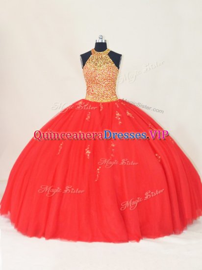Sexy Floor Length Red Vestidos de Quinceanera Tulle Sleeveless Beading and Appliques - Click Image to Close