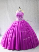 Lilac Tulle Lace Up Halter Top Sleeveless 15th Birthday Dress Brush Train Beading