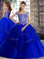 Exquisite Royal Blue Sleeveless Brush Train Beading and Lace Quinceanera Gown