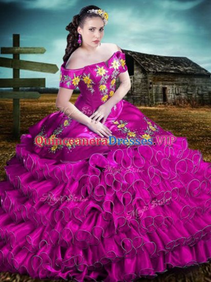 New Style Fuchsia Sweet 16 Dresses Sweet 16 and Quinceanera with Embroidery and Ruffles Off The Shoulder Sleeveless Lace Up - Click Image to Close